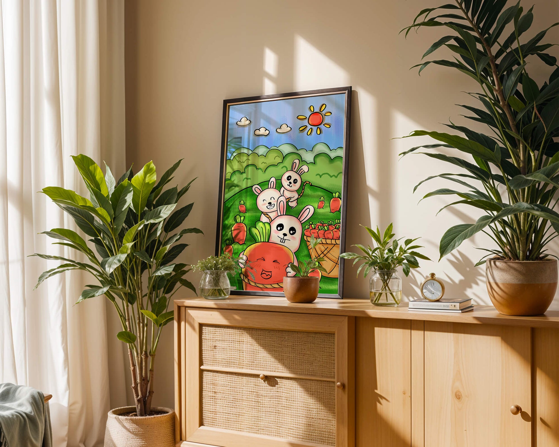 Illustration de lapins espiègles avec des carottes dans un champ ensoleillé