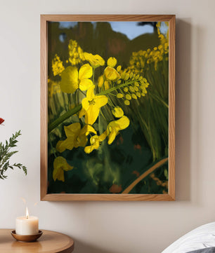 Close-up view of vibrant yellow flowers in a lush green field