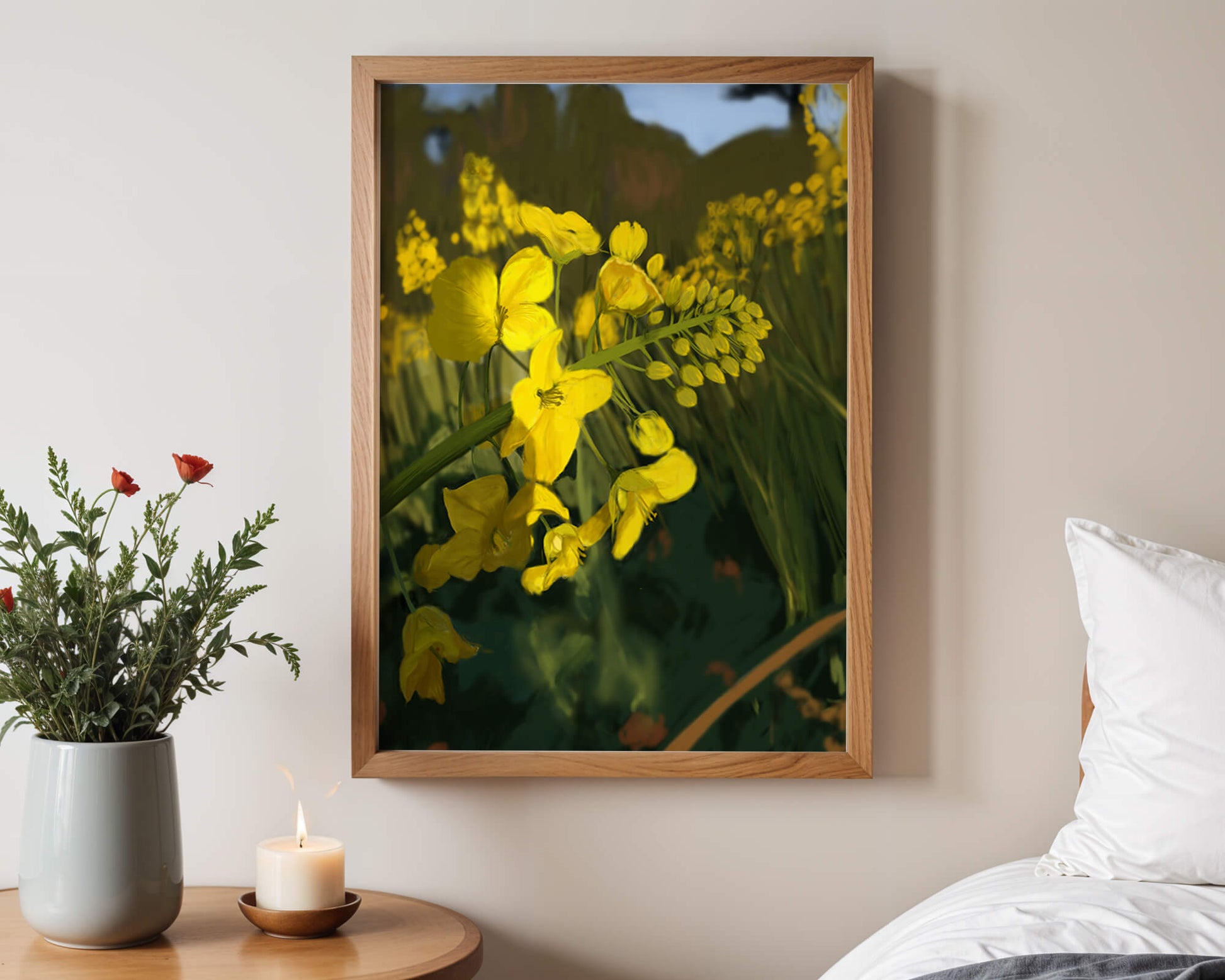 Close-up view of vibrant yellow flowers in a lush green field