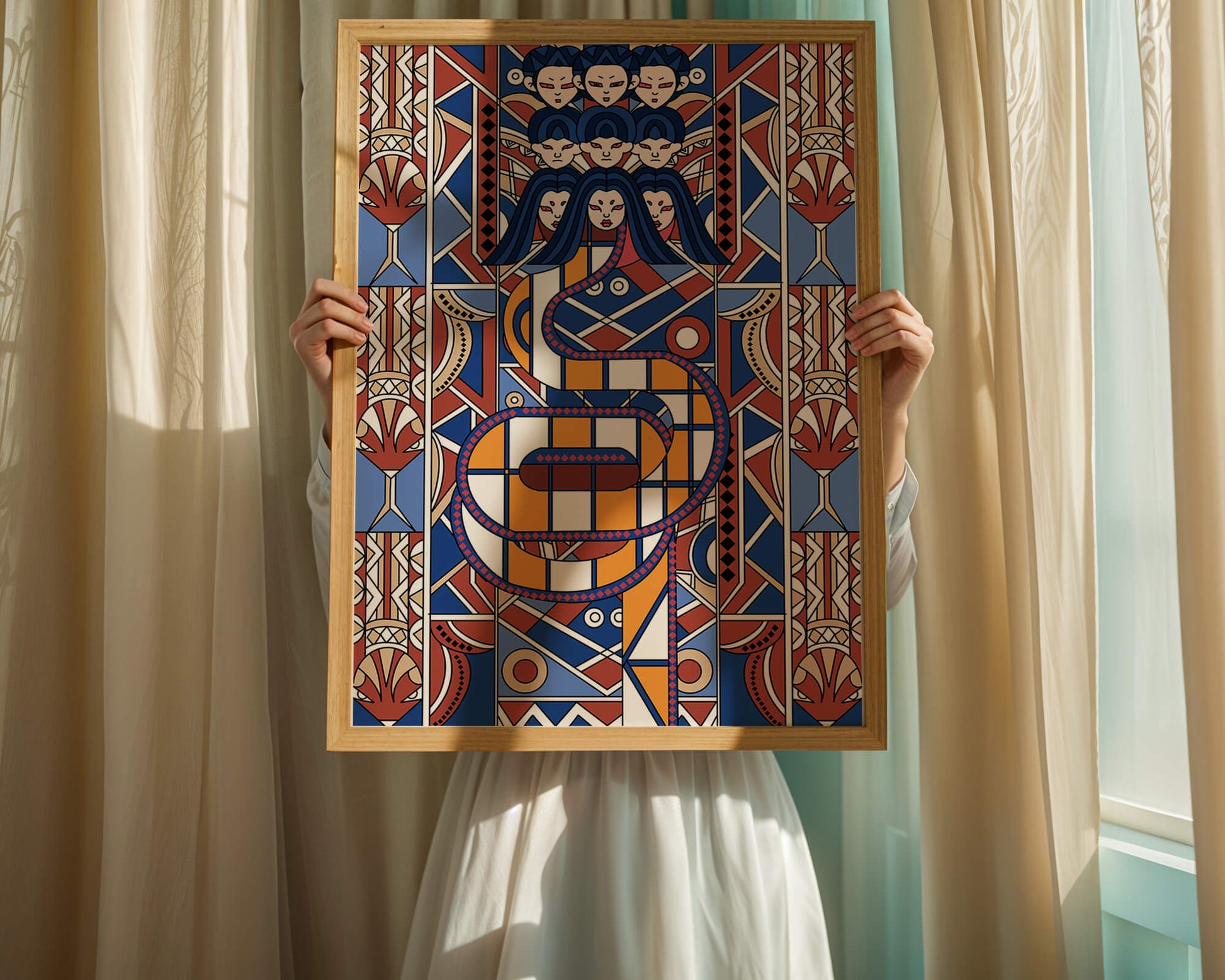 Patrón geométrico Art Decó con rostros y diseño simétrico