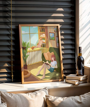 Cozy Living Room with a Reading Girl and Cat by the Window