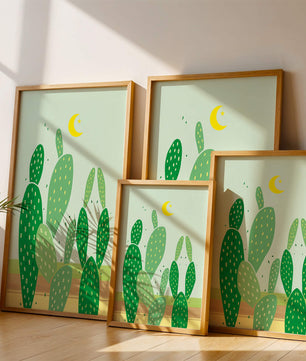 Desert cactus illustration with crescent moon