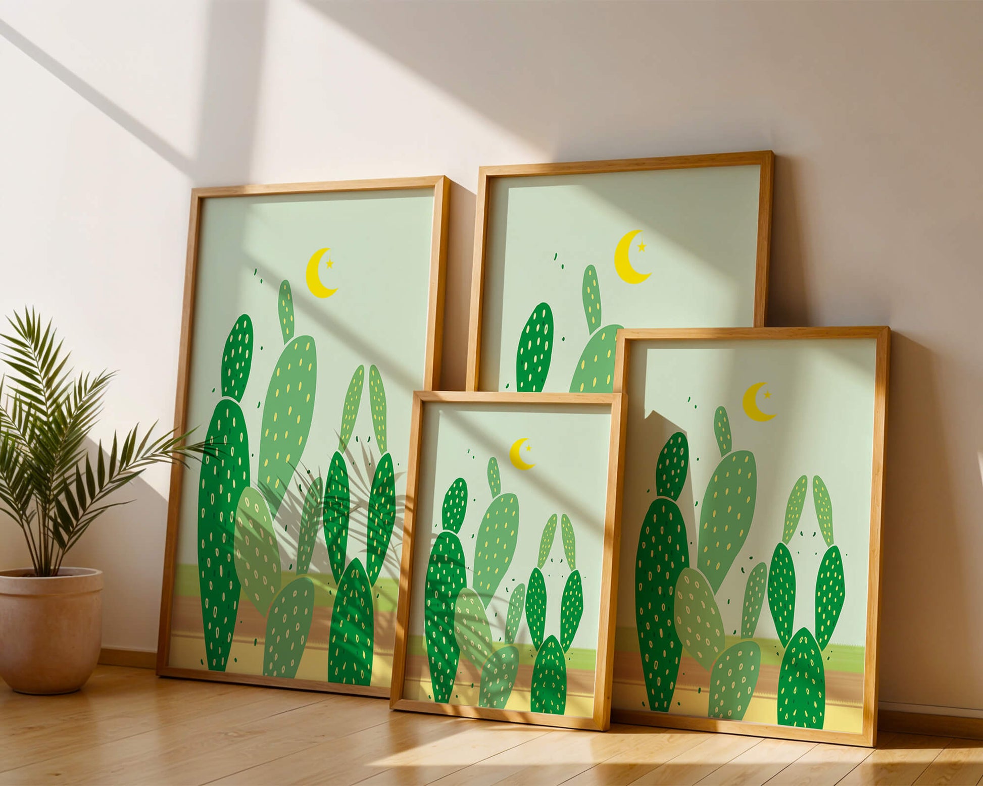 Desert cactus illustration with crescent moon