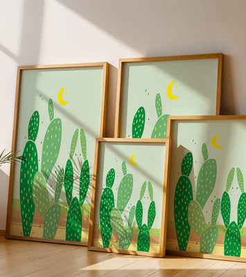Desert cactus illustration with crescent moon