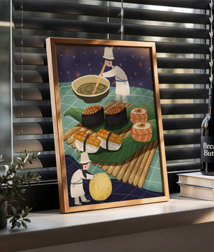 Ilustración juguetona de chefs preparando sushi en un paisaje imaginario