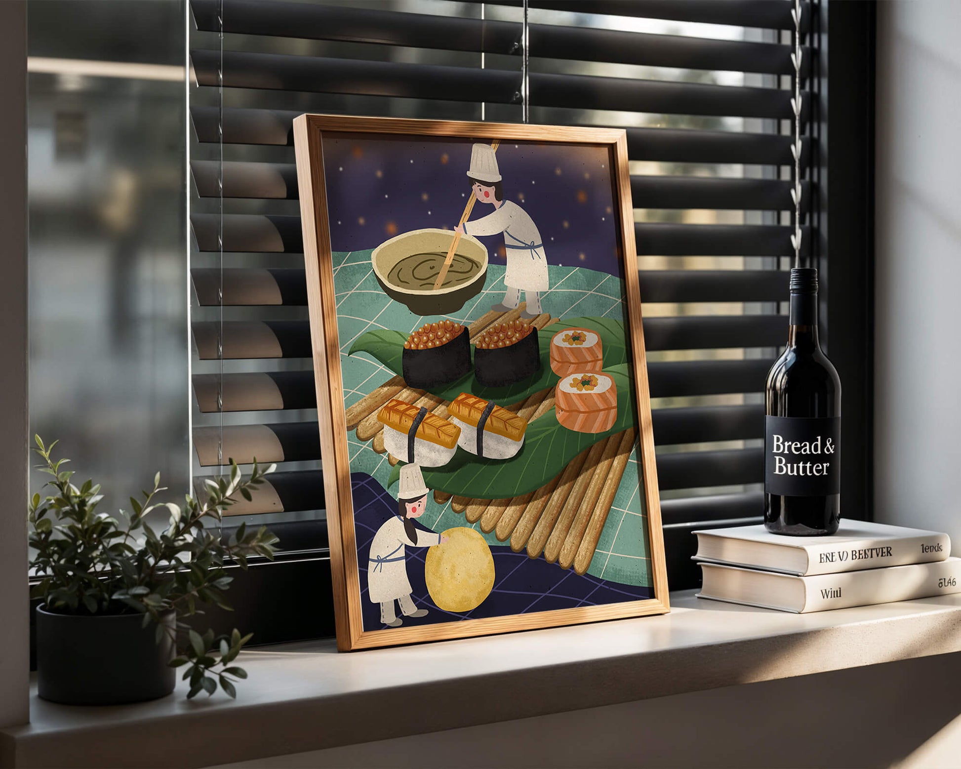 Ilustración juguetona de chefs preparando sushi en un paisaje imaginario