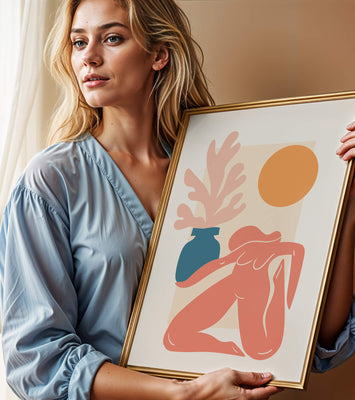 Abstract Nude Figure with Vase and Sun in Minimalist Style