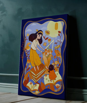 Whimsical illustration with woman and child among books and flowers