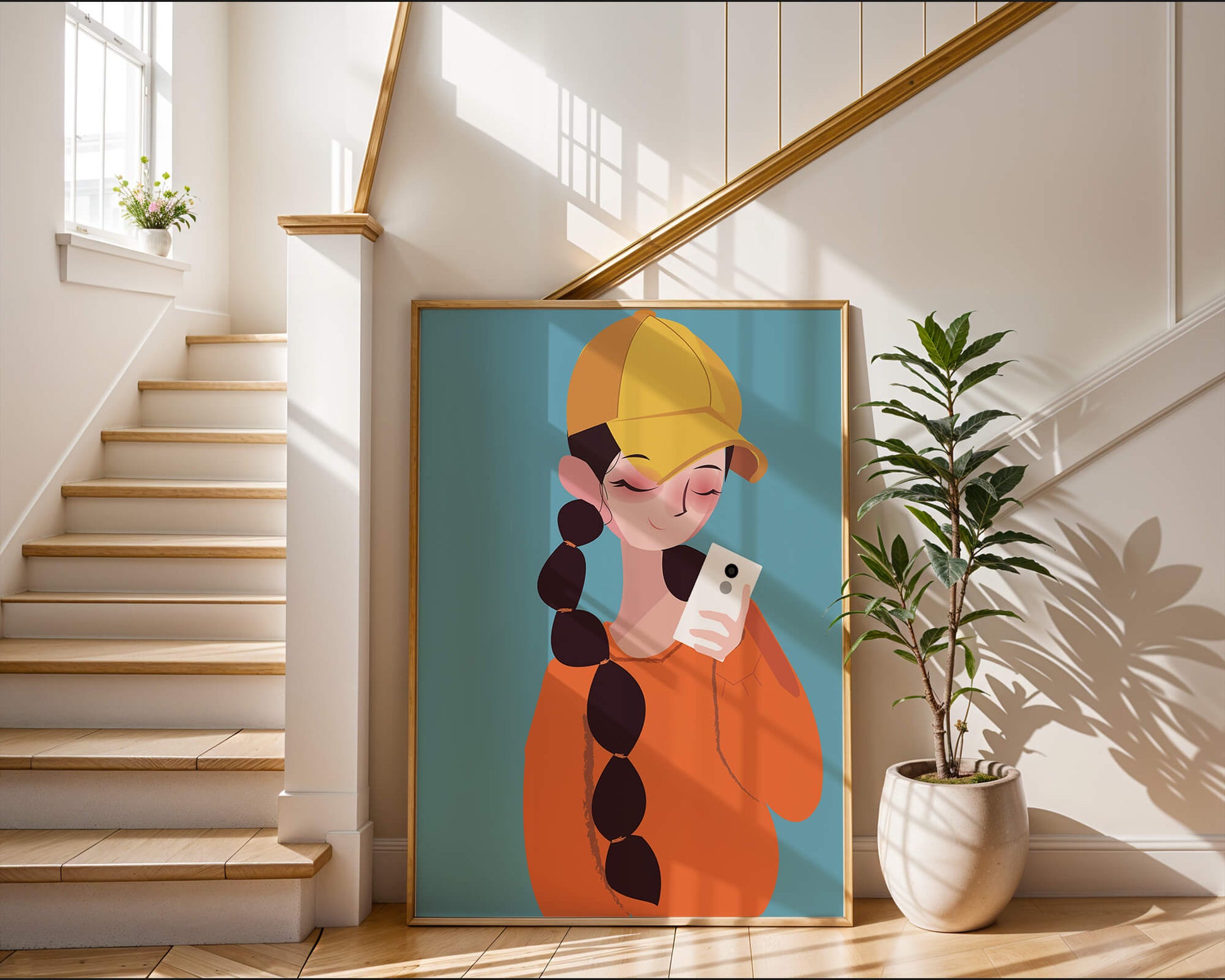 Colorful illustration of a girl with a smartphone