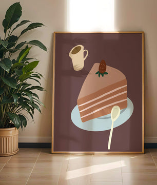 Ilustración de una porción de pastel con fresa y café