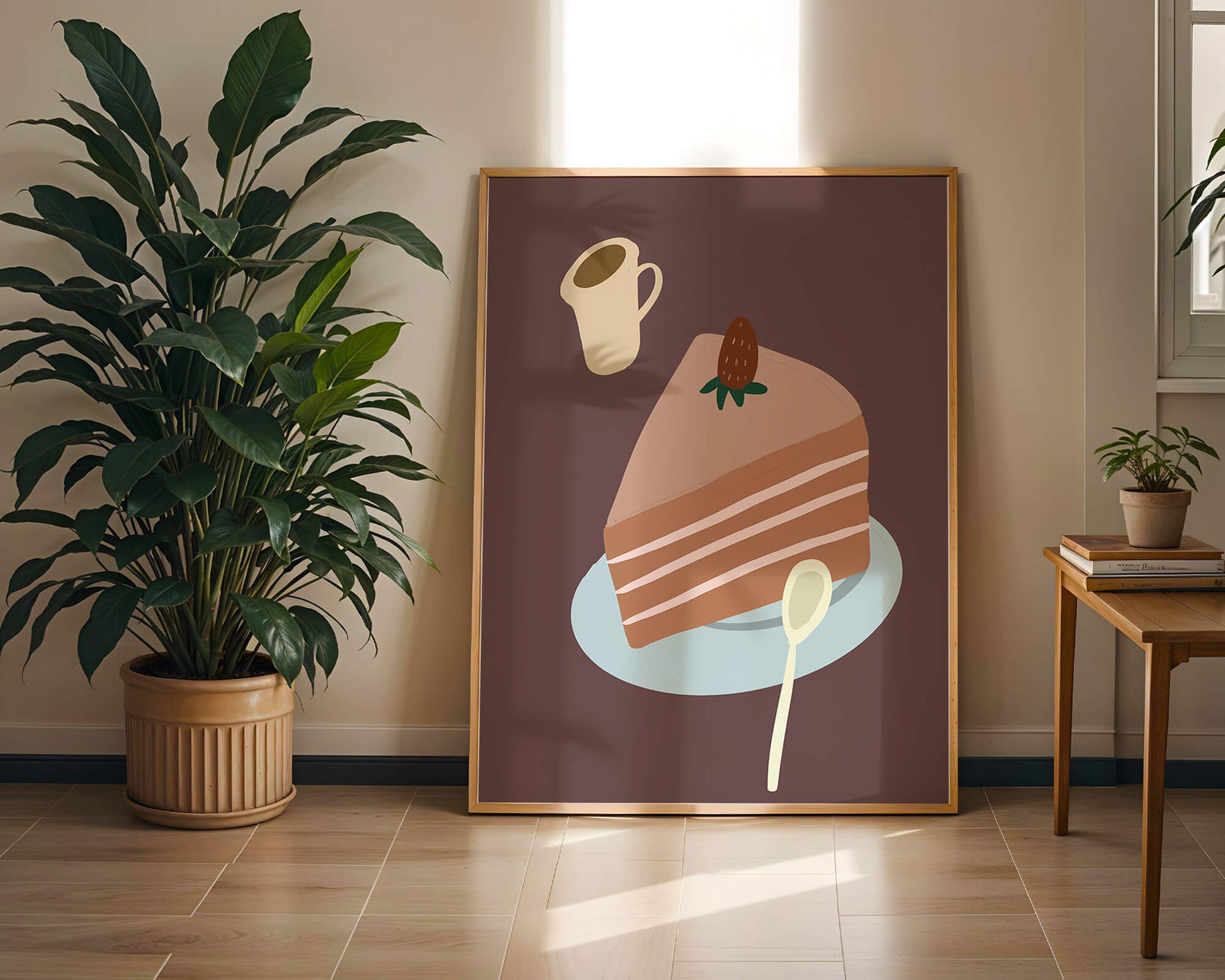 Illustration of a cake slice with strawberry and coffee