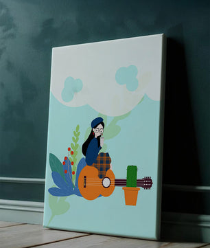 Illustration of a woman with coffee sitting on a guitar surrounded by foliage