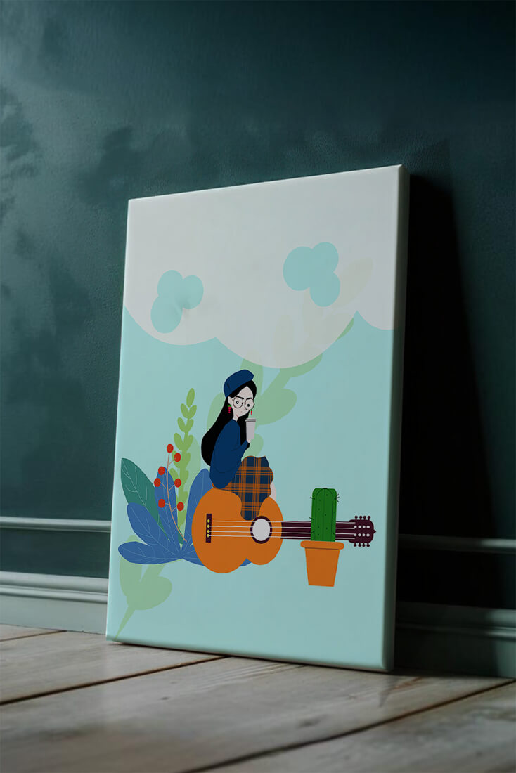 Illustration of a woman with coffee sitting on a guitar surrounded by foliage