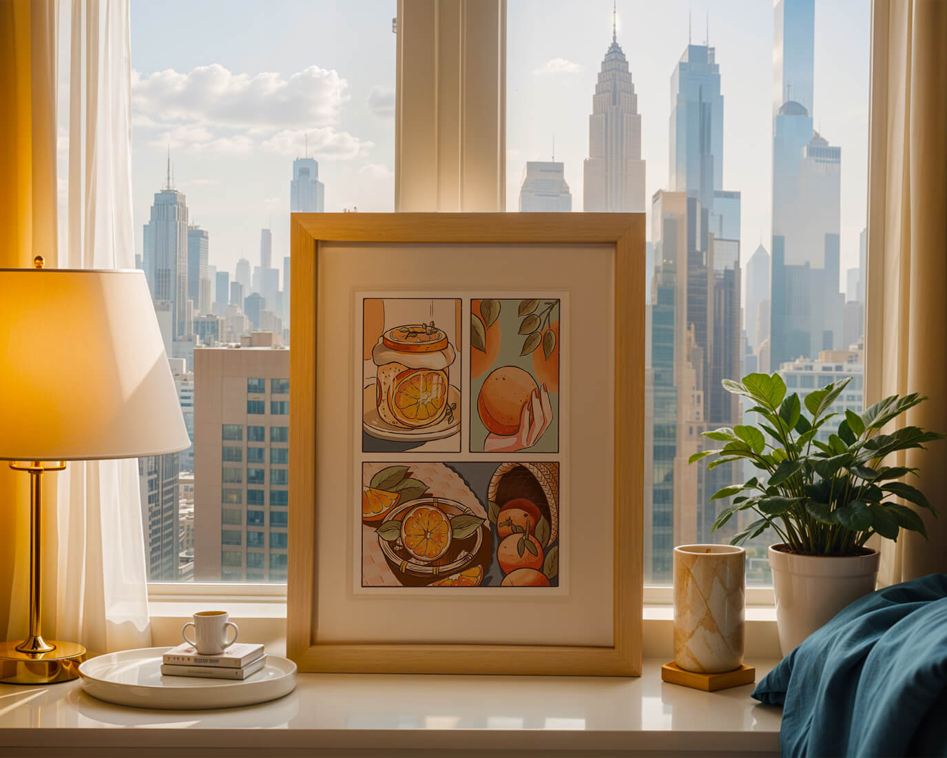 Ilustración colorida de naranjas y conservas con canasta