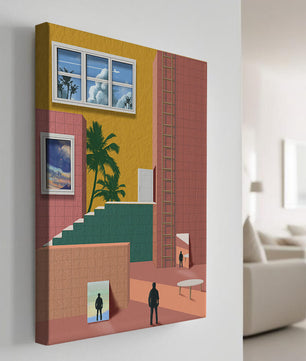 Surreale Architekturlandschaft mit tropischen Elementen und abstrakten Figuren