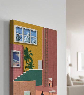 Surreal architectural landscape with tropical elements and abstract figures