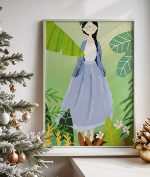 Serene illustration of a woman in nature with tropical leaves
