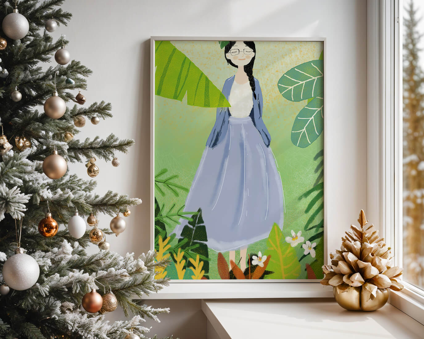 Serene illustration of a woman in nature with tropical leaves
