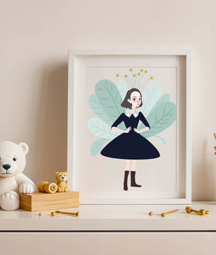 Ilustración de una chica caprichosa con hojas y elementos florales