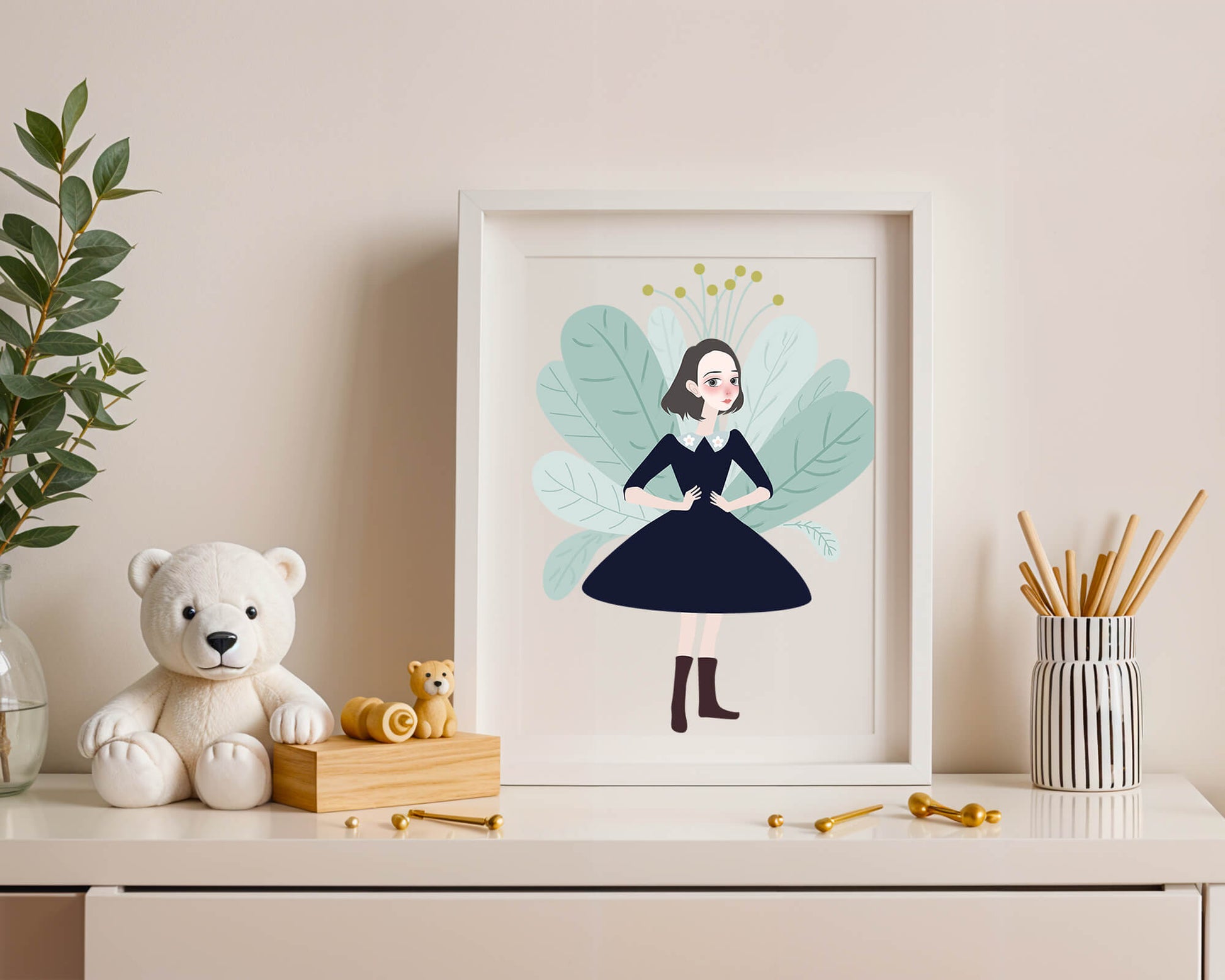 Illustration of a whimsical girl with leaves and floral elements