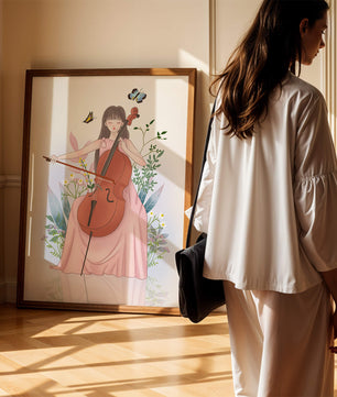 Girl Playing Cello Surrounded by Nature with Butterflies - Mi tienda
