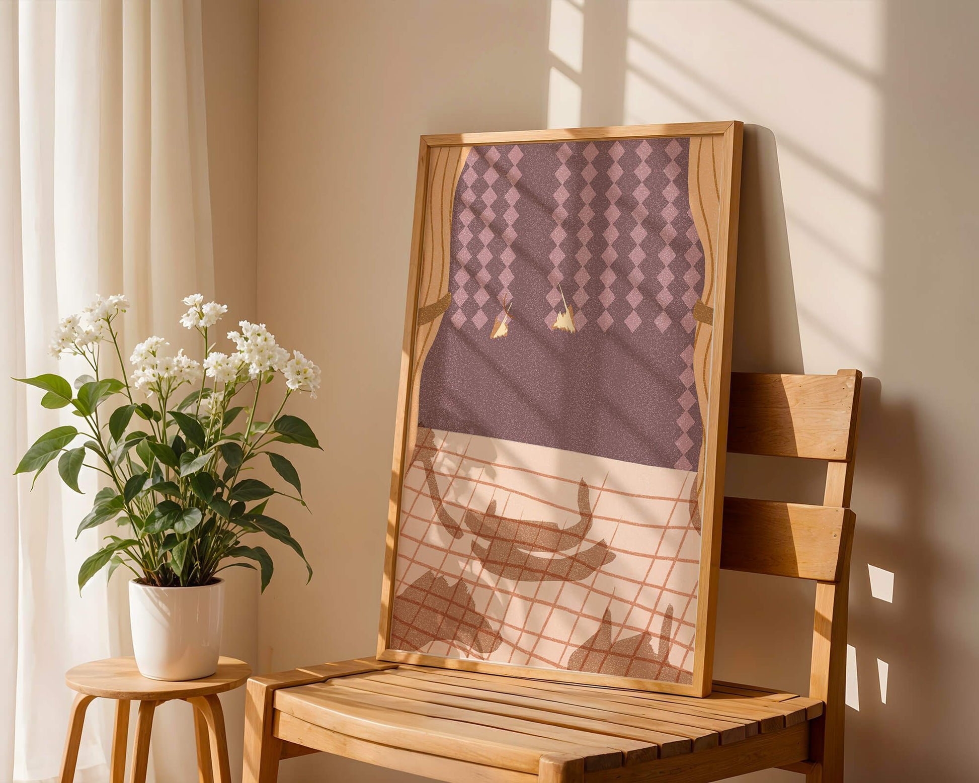 Abstract Interior with Cats' Shadows on Checkered Floor