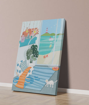 Habitación acogedora con vista al mar y faro a través de la ventana