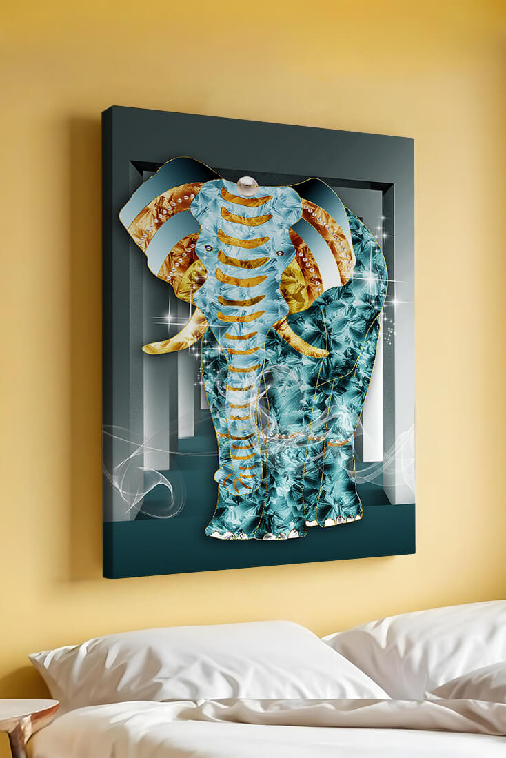 Elephant with Gold and Blue Textures in Surreal Geometric Background