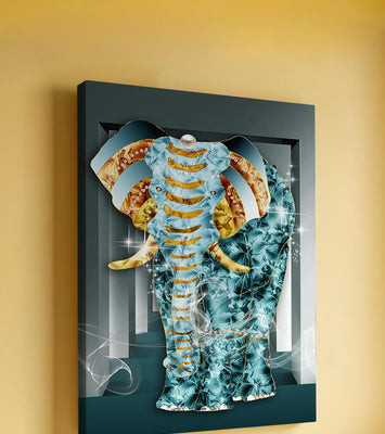 Elephant with Gold and Blue Textures in Surreal Geometric Background
