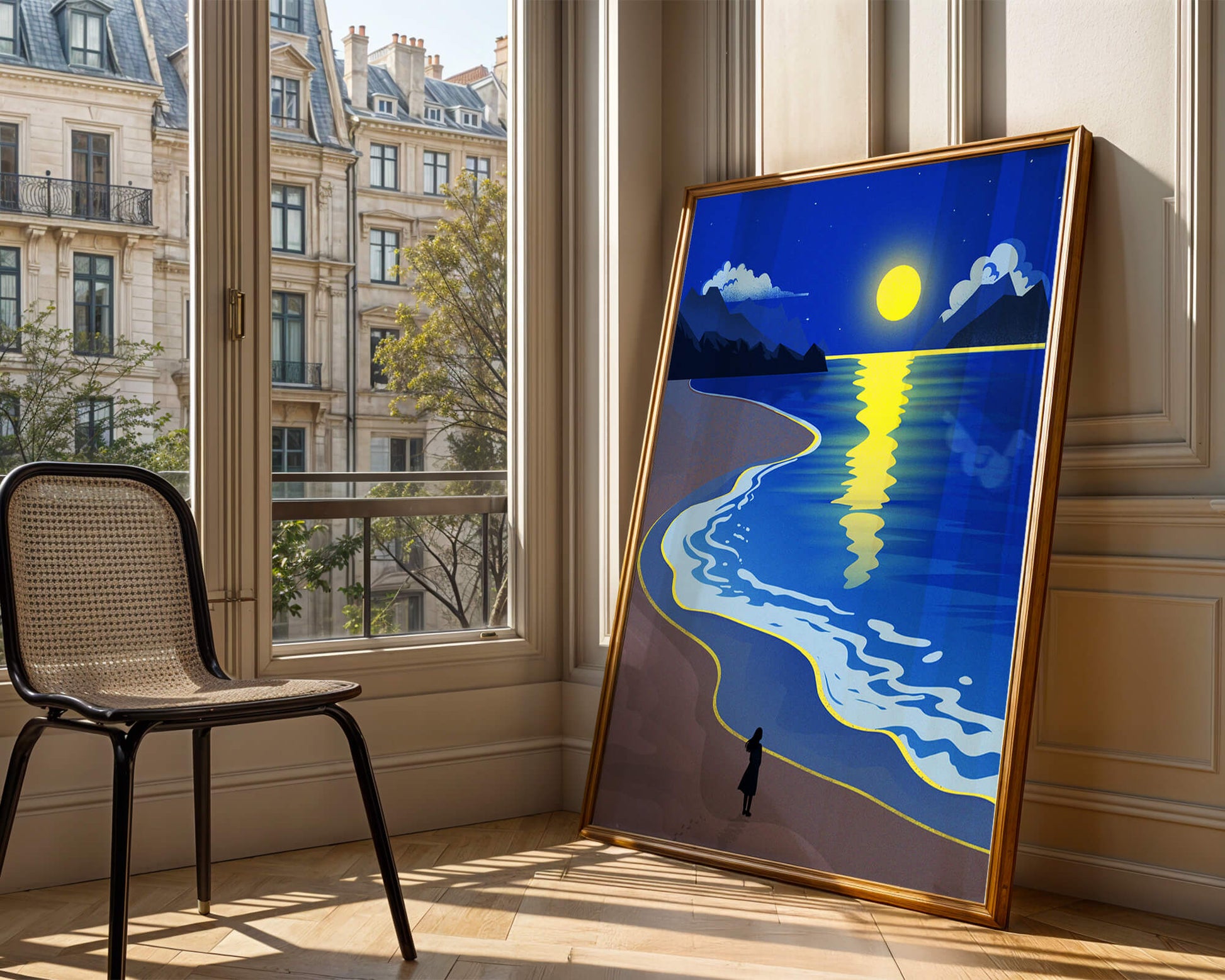 Moonlit Beach with Mountains and Reflections Under Night Sky