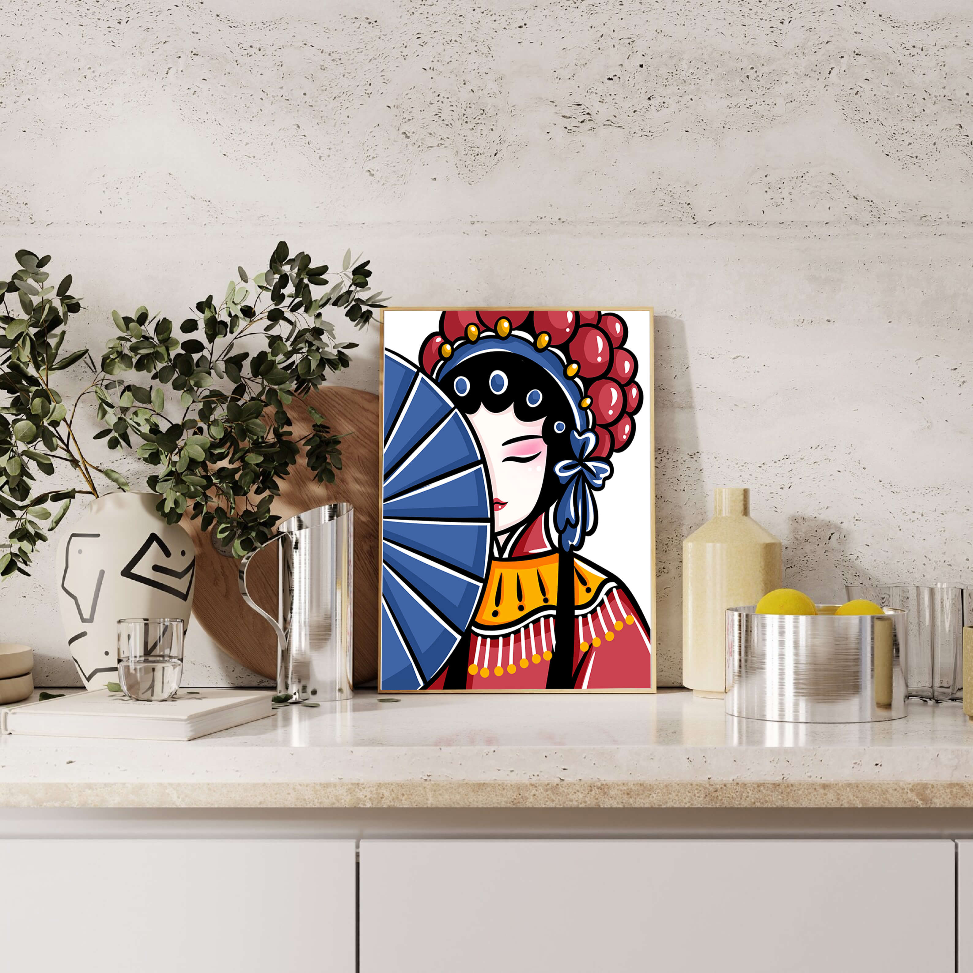 Traditional Asian opera character with fan and decorative headpiece