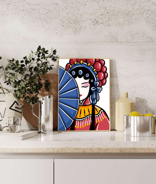 Traditional Asian opera character with fan and decorative headpiece