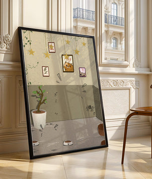 Habitación acogedora con decoraciones de estrellas y obra de arte de gatos