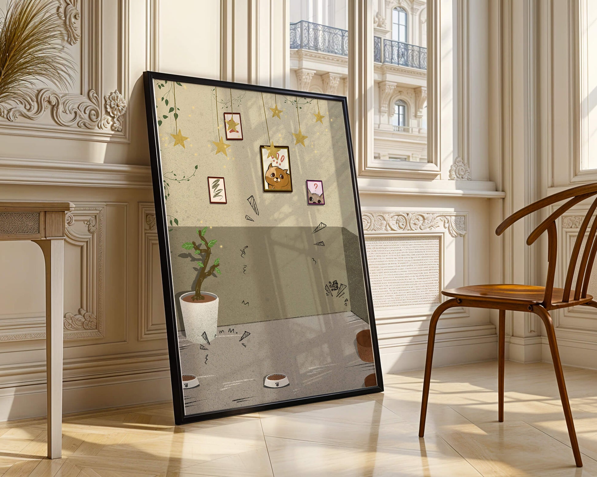 Cozy Room with Star Decorations and Cat Artwork