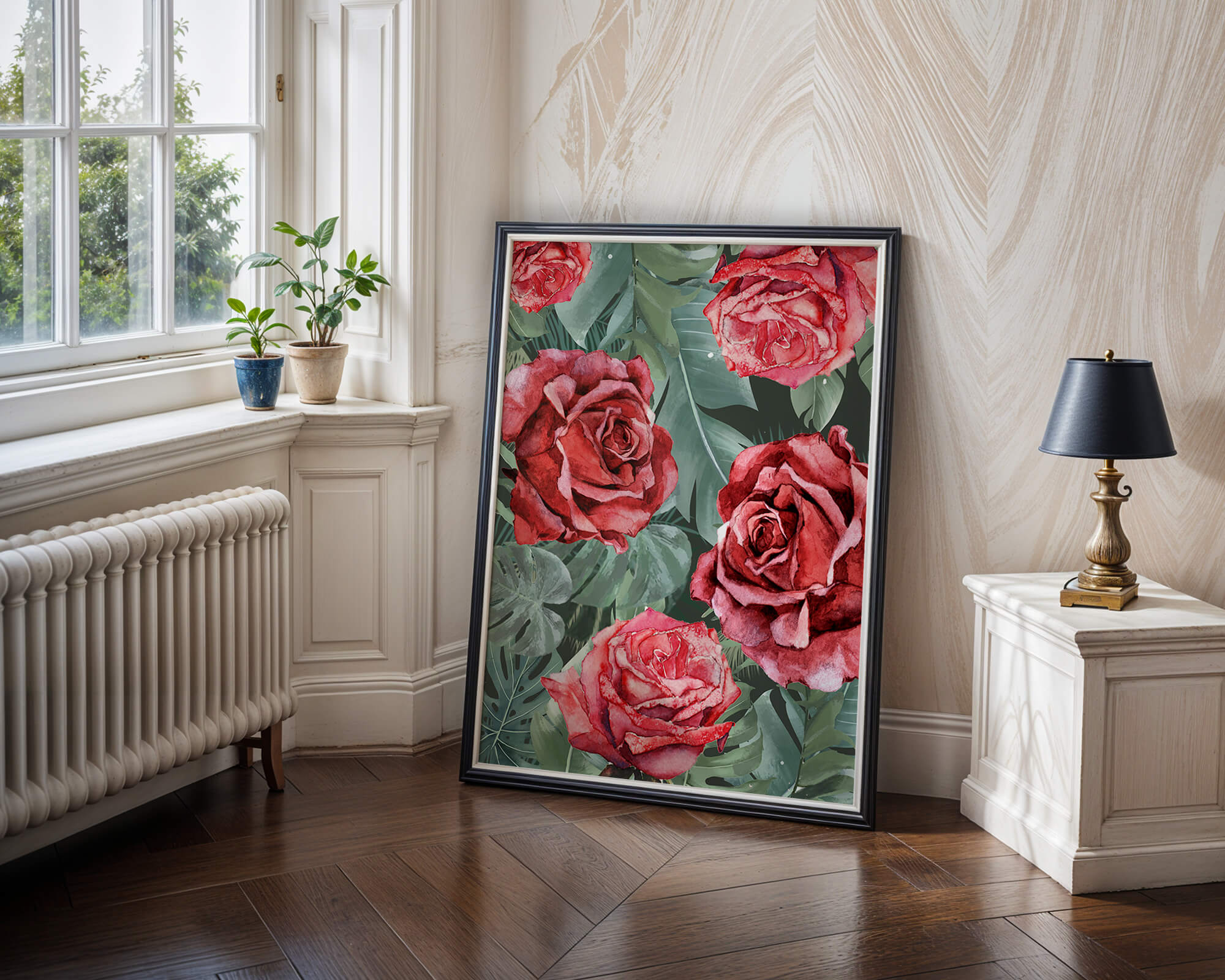 Red roses and green foliage pattern in watercolor style