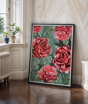 Red roses and green foliage pattern in watercolor style