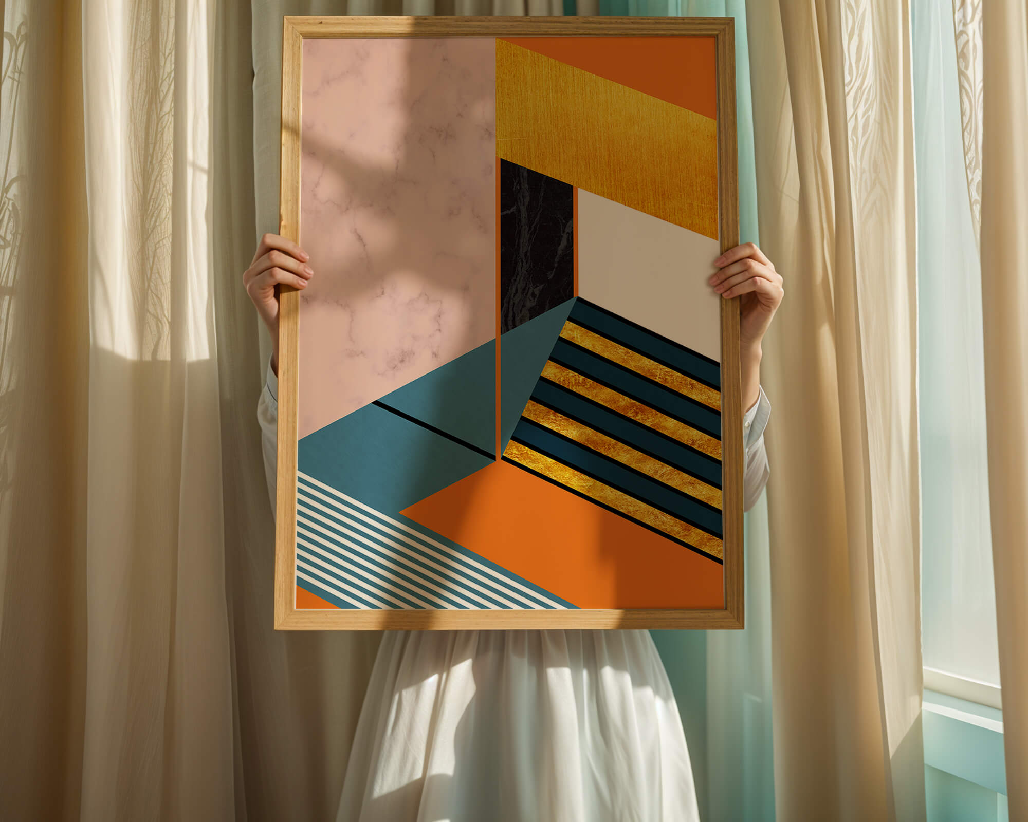 Abstract geometric design with marble and gold textures