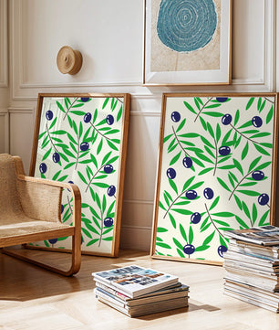 Olive branch pattern with green leaves and blue olives