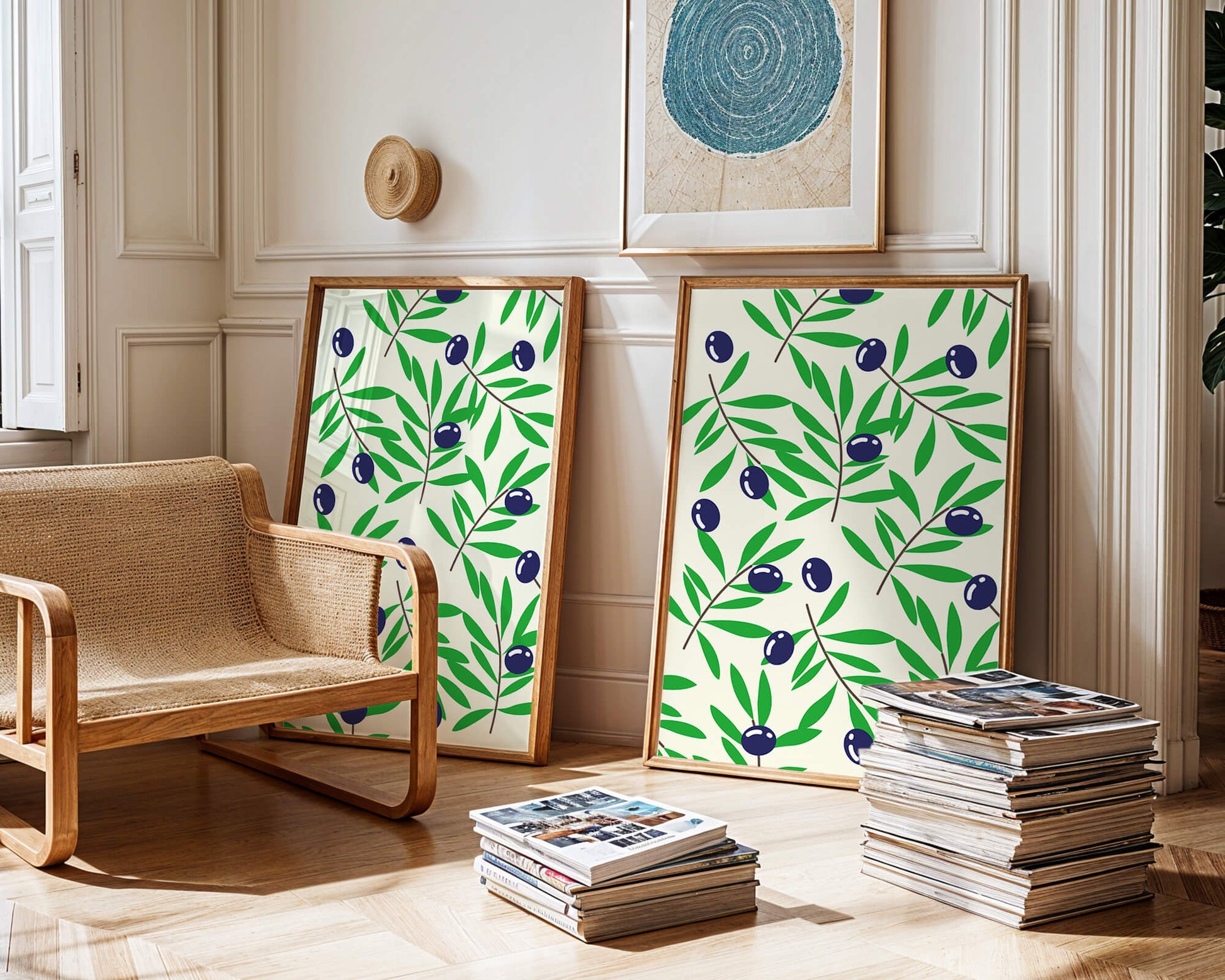 Olive branch pattern with green leaves and blue olives