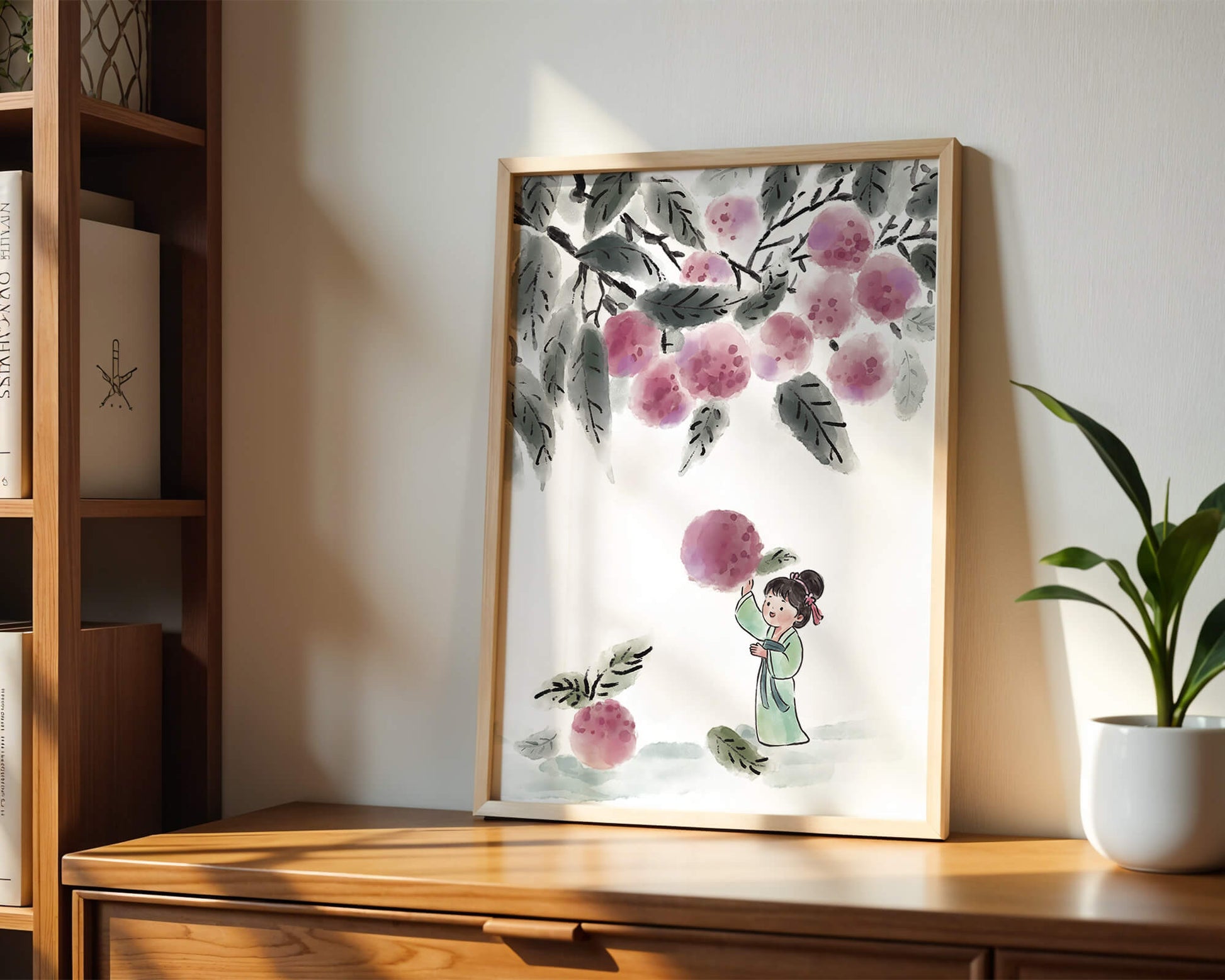 Ilustración encantadora de un niño con ropa tradicional, bayas vibrantes y hojas exuberantes