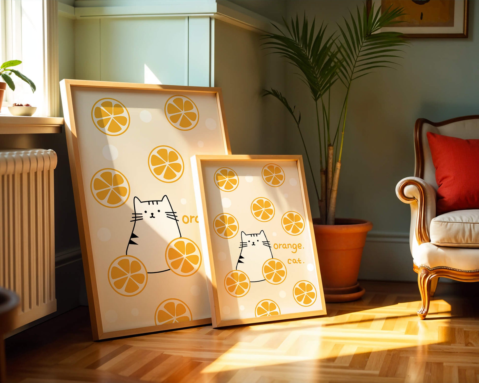 Playful illustration featuring a cat and orange slices