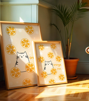 Playful illustration featuring a cat and orange slices
