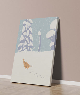 Winter landscape with pheasant walking through snowy forest