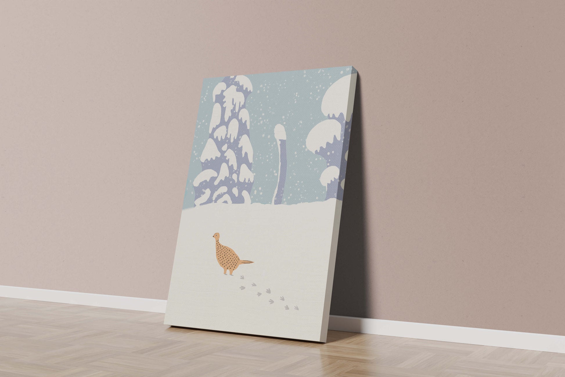 Winter landscape with pheasant walking through snowy forest