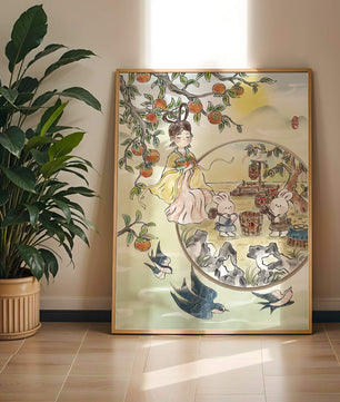 Charmante orientalische Szene mit Kaninchen, Mädchen und Kumquats in der Natur