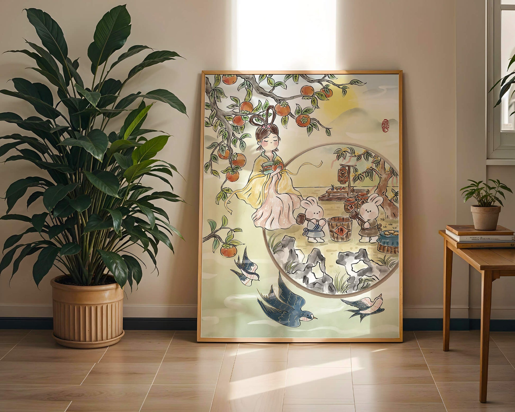 Charmante orientalische Szene mit Kaninchen, Mädchen und Kumquats in der Natur