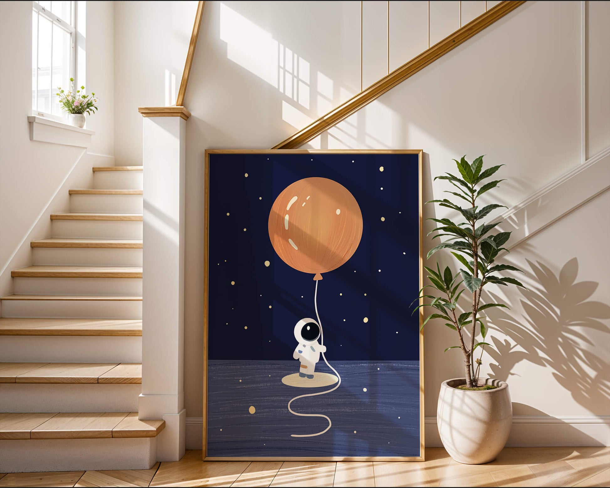 Charming Astronaut Holding Large Orange Balloon Under Starry Sky