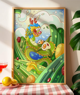 Dragon de dessin animé coloré avec des boulettes dans un paysage fantastique