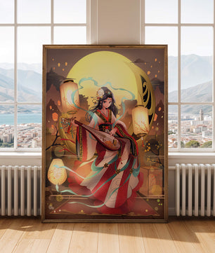 Traditional Asian woman playing musical instrument under moonlight