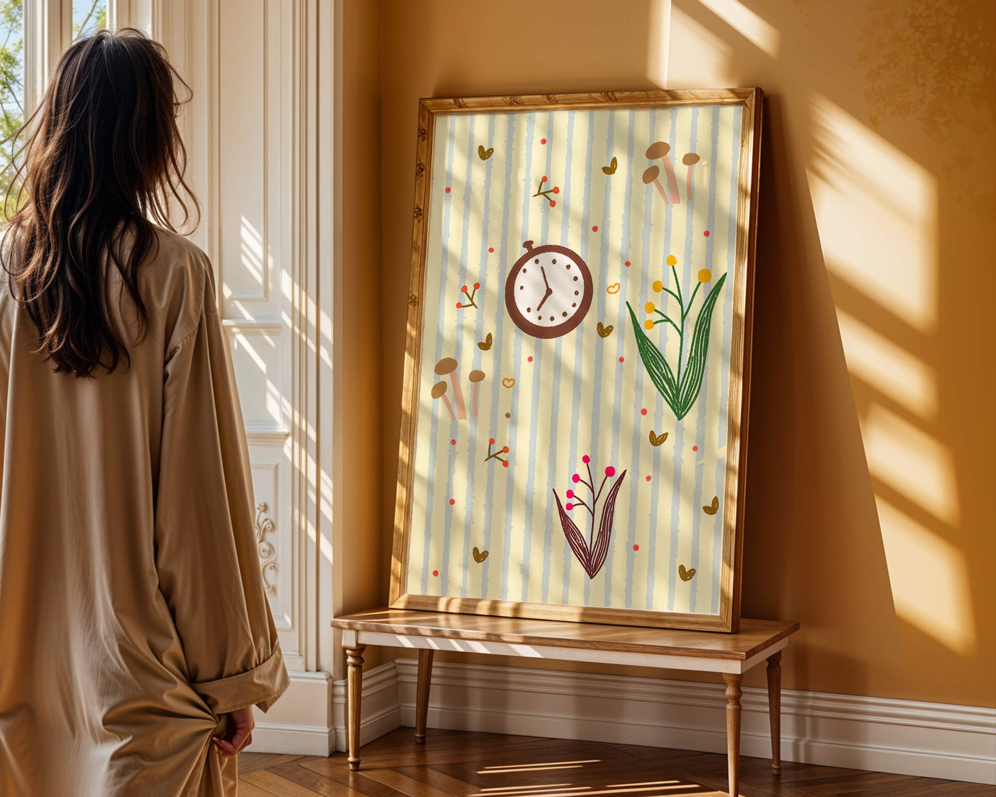 Whimsical pattern with clock, mushrooms, and florals on striped background